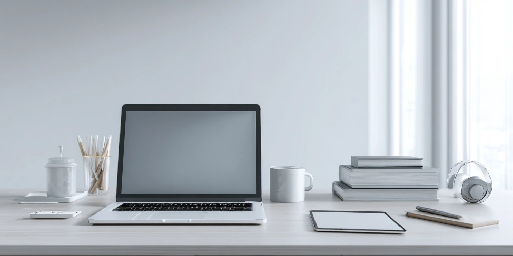 میز کار مینیمال تحریریه دیجیتال با لپ‌تاپ، دفترچه یادداشت و نور طبیعی در فضای کاری روشن