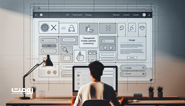 تصویر مفهومی از طراحی UX اخلاقی با رابط کاربری شفاف، دکمه‌های واضح و پیام‌های قابل‌فهم برای ایجاد تجربه‌ای قابل‌اعتماد و منصفانه