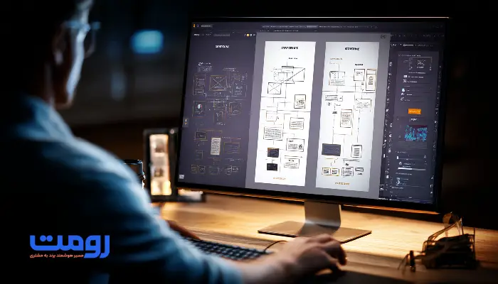 طراح در حال کار بر روی ساختار و نقشه‌کشی اطلاعات وب‌سایت در شب، با استفاده از ابزارهای طراحی دیجیتال و بررسی مسیرهای جریان کاربر.