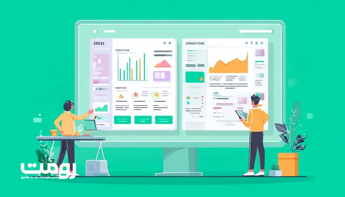 تیم تحلیل در حال بررسی داده‌های تحلیلی و گرافیکی برای بهبود استراتژی‌های سئو و تجربه کاربری، با استفاده از داشبوردهای بصری و نمودارهای تحلیلی.