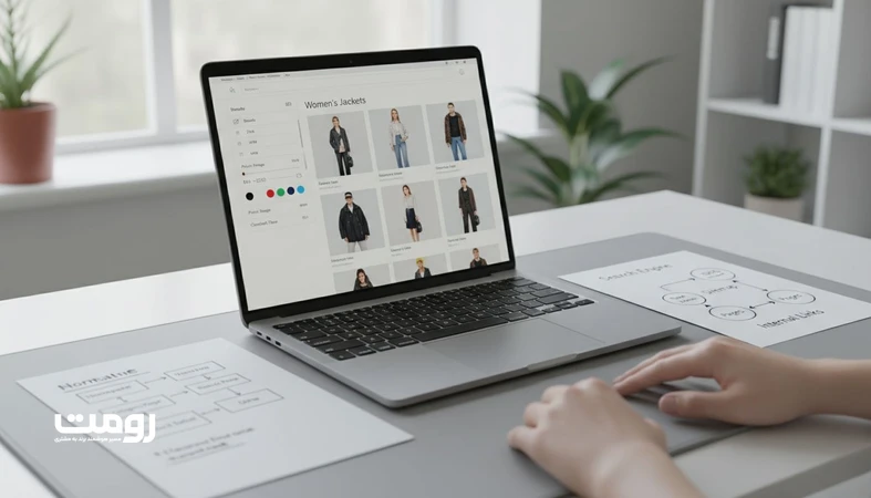 نمایی از رابط کاربری فروشگاه اینترنتی با Faceted Navigation و فیلترهای چندبعدی در کنار دیاگرام معماری اطلاعات و کنترل URL برای سئو