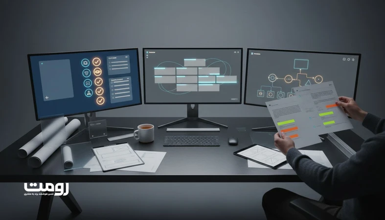 نمایی مفهومی از تحلیل محتوای بدون نویسنده و سیگنال‌های اعتماد روی میز کار دیجیتال با نمودارها و کارت‌های محتوا