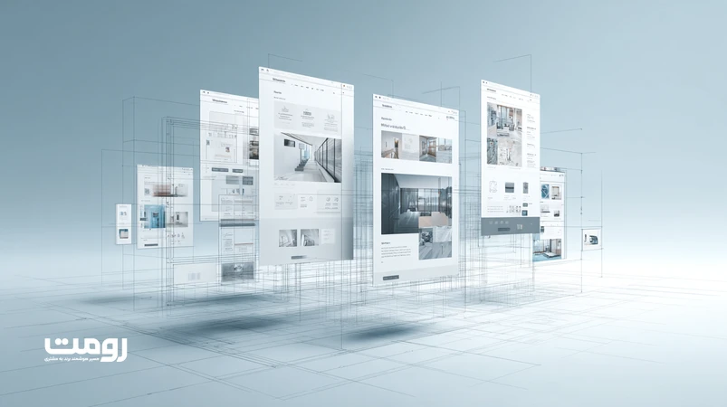 تصویر مفهومی معماری اطلاعات وب‌سایت شبیه نقشه معماری ساختمان با وایرفریم صفحات و ساختار منو