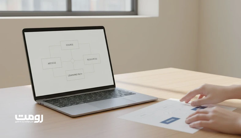 نمایی از معماری سایت آموزشی با تفکیک دوره، مقاله، مسیر یادگیری و منابع در قالب وایرفریم و نقشه ارتباط محتوا