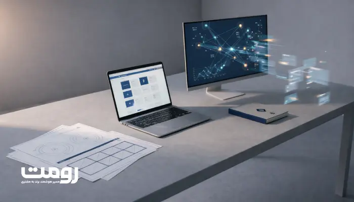 «میز کار مینیمال با لپ‌تاپ و مانیتور تحلیل داده که مفهوم سیاست‌گذاری محتوایی و سنجش اعتماد توسط الگوریتم‌ها را نشان می‌دهد.»