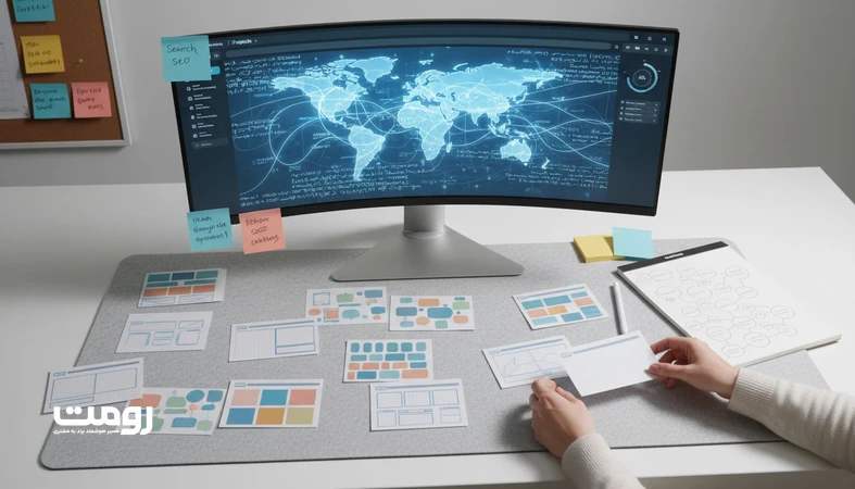 نمای مفهومی از تحلیل استراتژی سئو چندزبانه برای برندهای ایرانی در مواجهه با الگوریتم‌های گوگل با دیاگرام‌های معماری محتوا و سیگنال‌های رتبه‌بندی