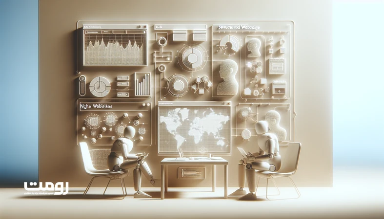 داشبورد تحلیلی و وایرفریم معماری سایت که نقش وب‌سایت‌های نیچ در عصر هوش مصنوعی، سئو و اتوریتی محتوا را نشان می‌دهد