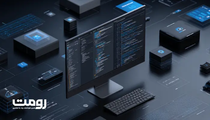 تصویری از یک میز کار دیجیتال با نمایشگر کامپیوتری که کدهای پیچیده طراحی وب را نشان می‌دهد. در اطراف نمایشگر، المان‌های گرافیکی و نقشه‌های شبکه مرتبط با پروژه‌های طراحی وب و مدیریت پروژه قرار دارند.