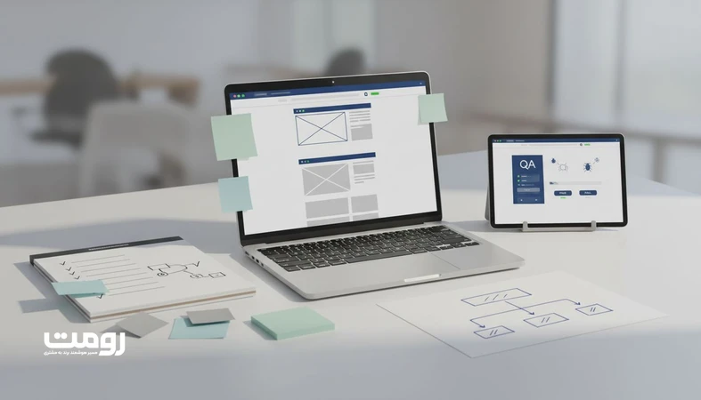 نمایی مفهومی از چک لیست معیار پذیرش صفحات وب کنار وایرفریم و تست کیفیت برای Acceptance Criteria قابل تست