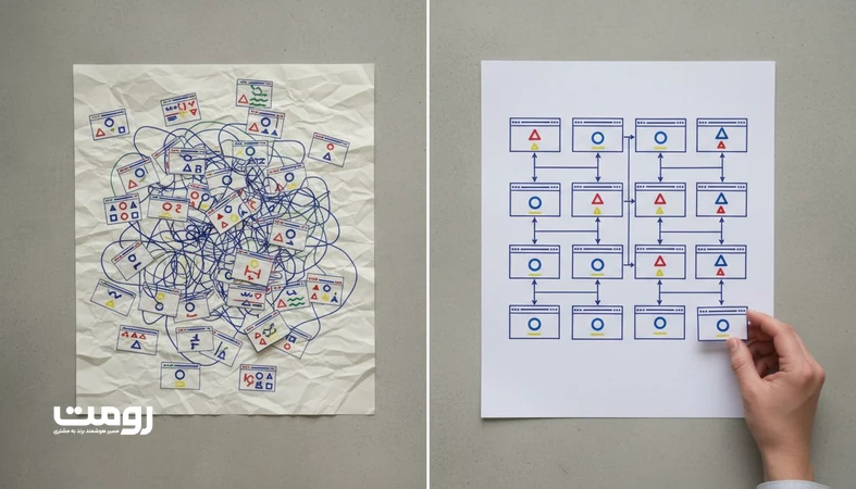 تصویر مفهومی از استاندارد نام گذاری صفحات در معماری وب؛ مقایسه ساختار شلوغ و ساختار منظم برای جلوگیری از دوگانگی و بهبود URL و سئو