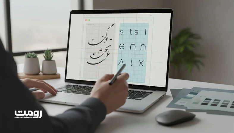 نمای نزدیک از میز کار طراح و لپتاپ با موکاپ رابط کاربری که ناهماهنگی فونت فارسی و لاتین را نشان می‌دهد؛ مناسب برای مقاله ترکیب فونت و هویت دیجیتال.