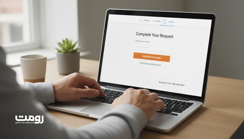 تصویر لحظه مکث کاربر قبل از کلیک روی دکمه اقدام در یک رابط کاربری مینیمال همراه با نشانه‌های اعتماد و کاهش تردید