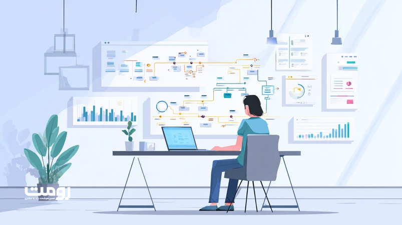 راهنمای استراتژی قبل از طراحی سایت با نمایش وایرفریم، معماری اطلاعات و نمودارهای تحلیلی روی یک صفحه وب در سبک مینیمال و تکنولوژیک