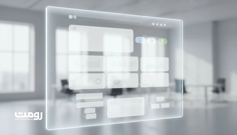 نمایی مینیمال از رابط کاربری وب‌سایت با ناوبری شفاف و عناصر تحلیلی که ارتباط طراحی وب حرفه‌ای و اعتبار سئوی برند را نشان می‌دهد