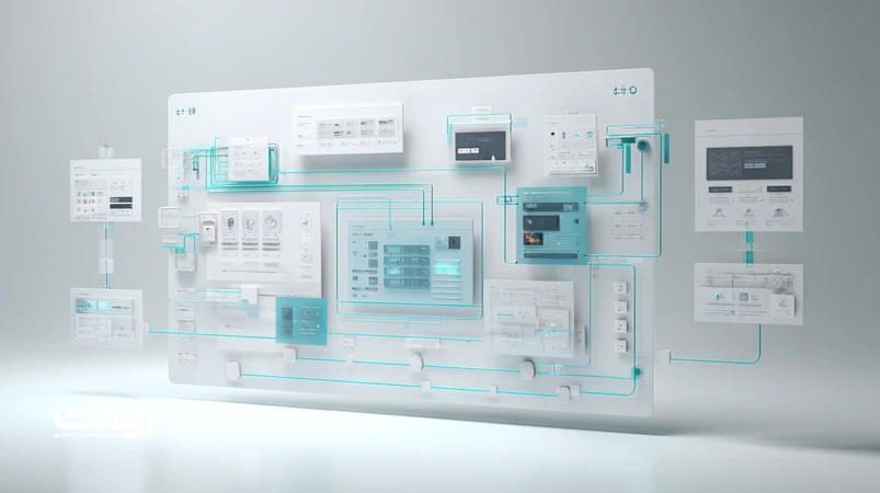 تصویر معماری سایت توسعه‌پذیر برای برندهای درحال رشد با وایرفریم و بلوک‌های ماژولار در سبک مینیمال