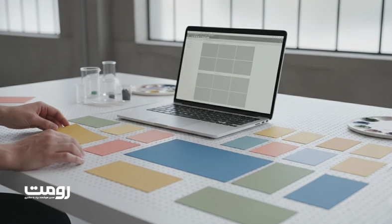 میز کار طراح با لپ تاپ و سواچ های رنگی برای نشان دادن نقش رنگ های ثانویه در حفظ انسجام و ایجاد تنوع در هویت بصری برند