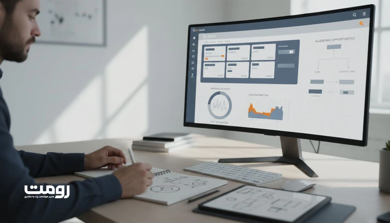 نمایی مفهومی از تحلیل رفتار SERP با کارت‌های نتایج جستجو، نمودار نوسان رتبه و نقشه فرصت برای سرمایه گذاری محتوایی برند