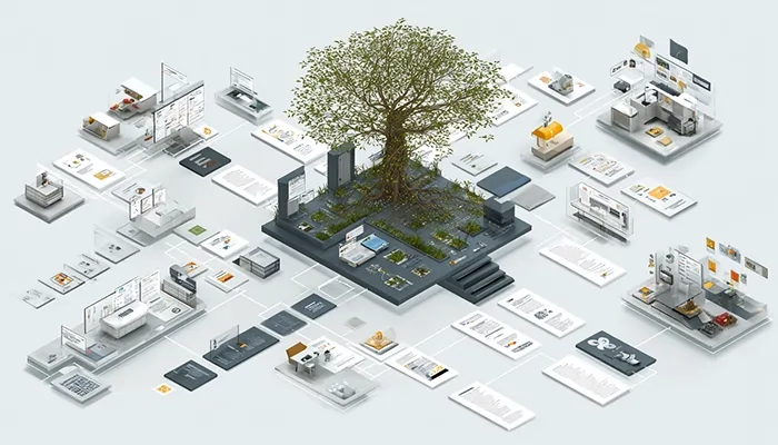 تصویری از نحوه ساخت نقشه سایت واقعی (Site Tree) و فرآیند تبدیل ایده به ساختار قابل گسترش و سازمان‌دهی