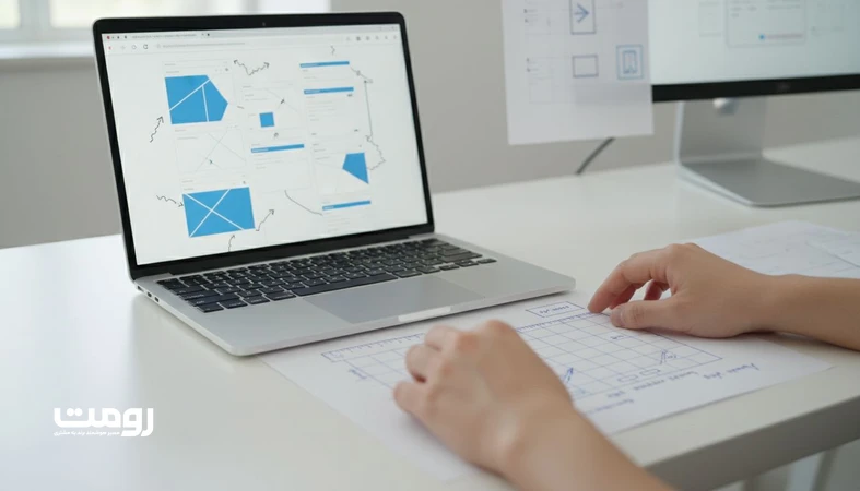 نمای نزدیک از صفحه لپتاپ با چیدمان نامنظم و خطوط گرید شکسته در کنار اسکچ گرید و مقیاس فاصله‌گذاری؛ نمایش اثر نظم بصری بر ادراک برند