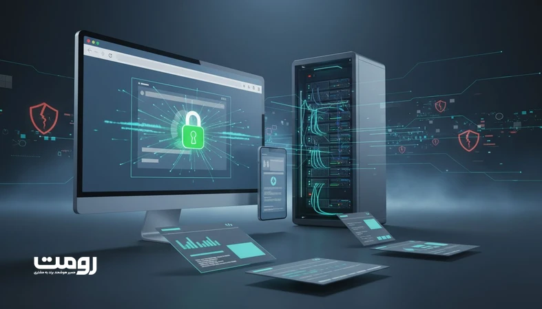 تصویر مفهومی SSL و امنیت ارتباط در وب‌سایت با نمایش قفل مرورگر و اتصال رمزنگاری‌شده برای افزایش اعتماد کاربر