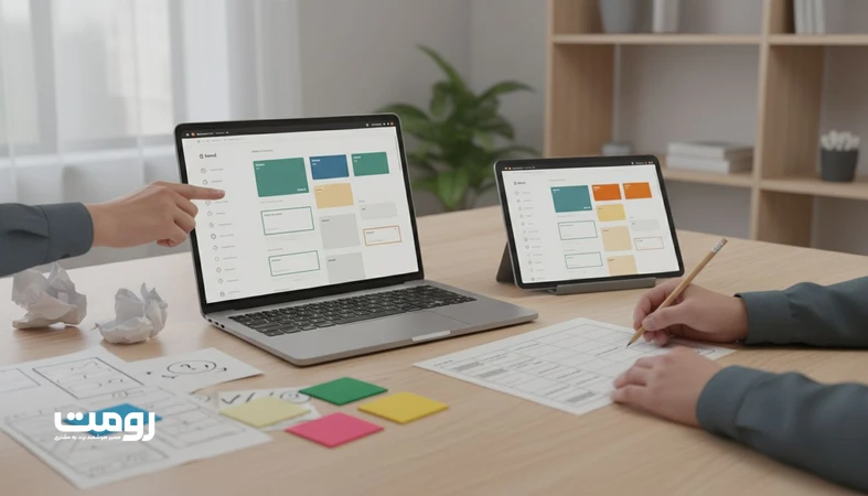 صحنه ای از کار استانداردسازی دارایی های برند در محیط دیجیتال با لپ تاپ، وایرفریم ها و آیکون ها برای ایجاد انسجام بصری برند