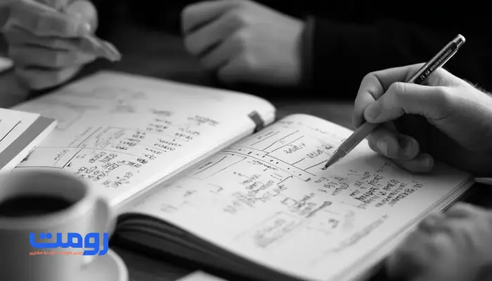 یادداشت‌برداری تیمی روی دفترچه تحلیل داده‌ها برای تبدیل داده‌های UX به زبان مشترک بین تیم فنی و بازاریابی