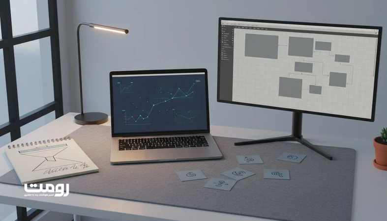 تصویر مفهومی طراحی تجربه کاربر با داده کم، شامل داشبورد تحلیل کم‌داده، وایرفریم و یادداشت‌های سیگنال‌های کوچک برای تصمیم‌گیری UX