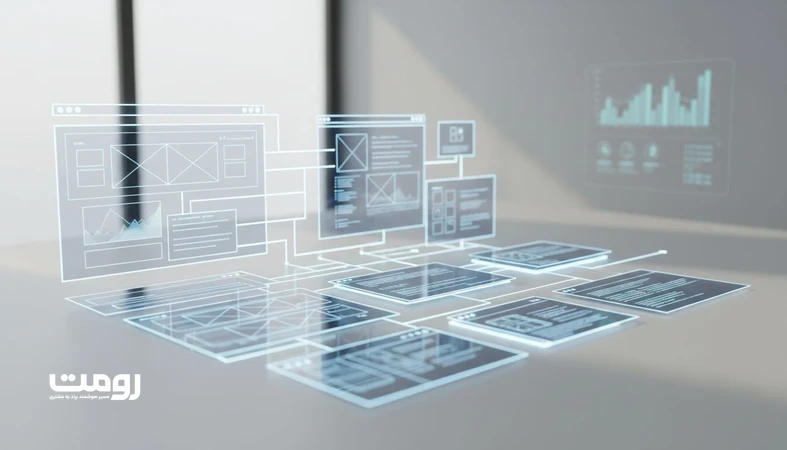 نمایی مینیمال از معماری وب و کامپوننت‌های ماژولار برای نشان‌دادن طراحی وب به‌عنوان زیرساخت رشد دیجیتال برند