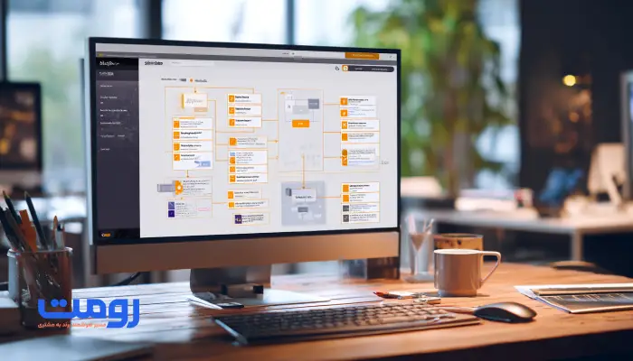 نمایش صفحه طراحی و نقشه‌کشی ساختار وب‌سایت در حال توسعه، با ابزارهای مدیریت تجربه دیجیتال و نمایی از فضای کاری طراح وب.