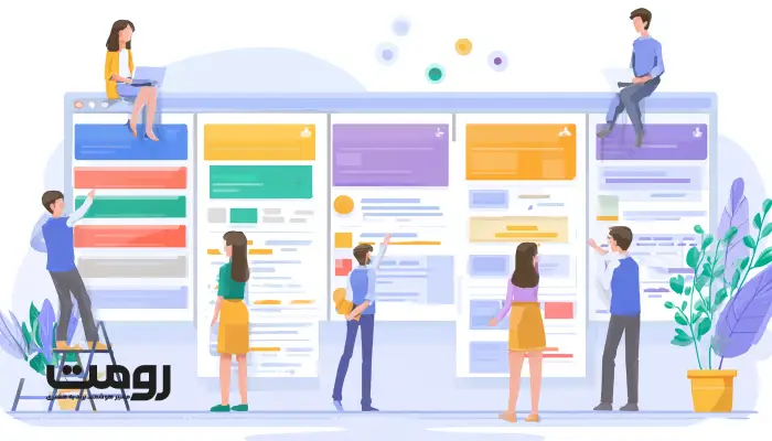 تیم طراحی در حال کار بر روی ساختار و ترتیب محتواهای مختلف وب‌سایت، با استفاده از رنگ‌های جذاب و طراحی مینیمالیستی.