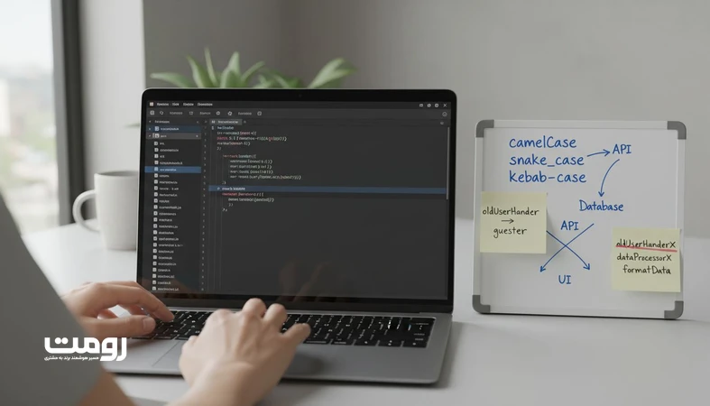 نمایی واقع گرایانه از استاندارد نام گذاری در پروژه وب با نمایش ساختار پوشه ها، کد و قواعد naming برای کاهش خطا و افزایش توسعه پذیری