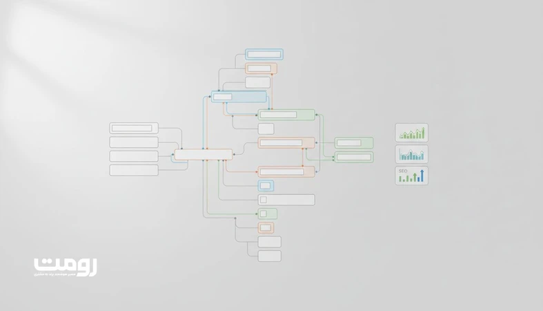 تصویر وایرفریم و نقشه معماری سایت با مسیرهای UX و سیگنال‌های سئو برای چک‌لیست معماری سایت ۲۰۲۶