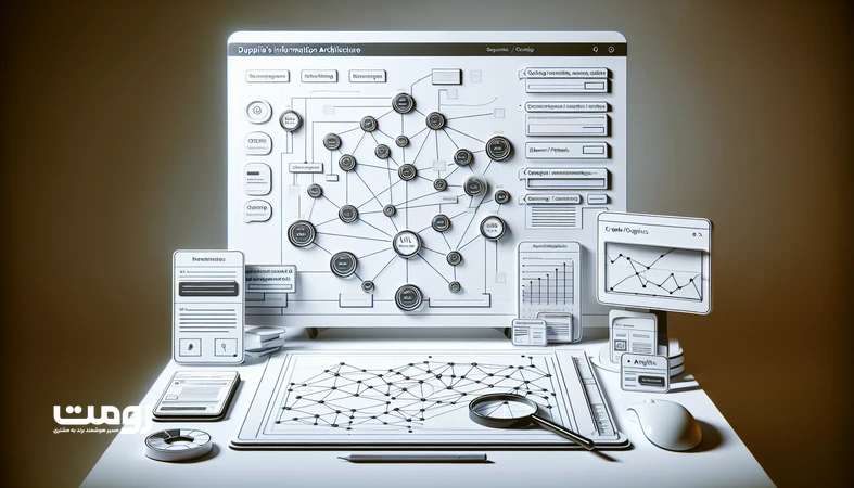 تصویر شماتیک چک‌لیست معماری سایت ۲۰۲۶ شامل گراف لینک‌سازی داخلی، وایرفریم نقشه سایت و سیگنال‌های UX و سئو