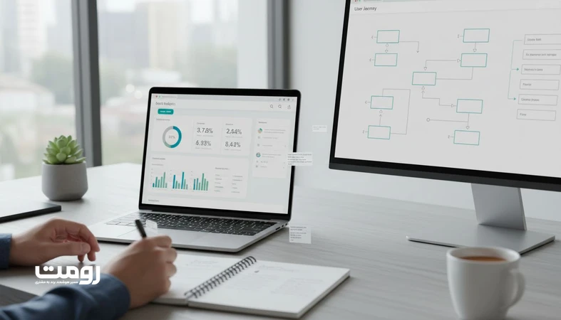 محیط کاری مینیمال با داشبورد تحلیل وب سایت و نمودار مسیر کاربر برای نشان دادن یادگیری از مخاطب در عصر تولید محتوا با AI