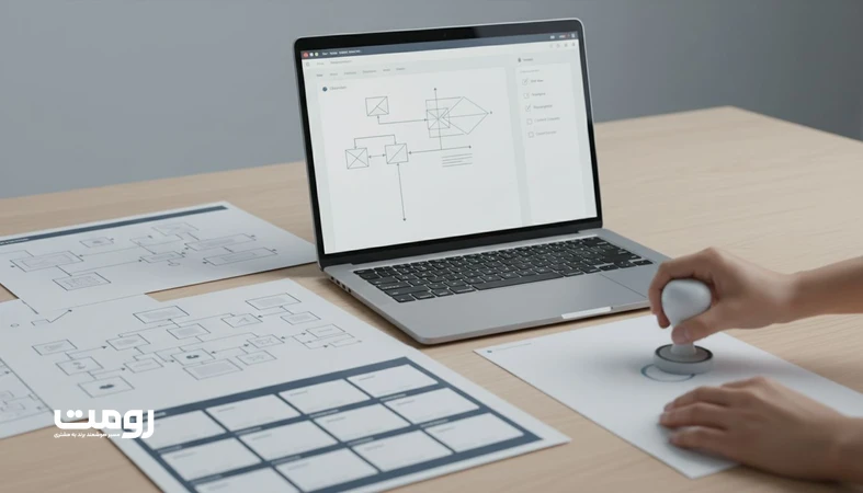 میز کار با وایرفریم و چک‌لیست تحویل پروژه طراحی سایت، نشان‌دهنده خروجی‌های فنی، محتوایی و تجربه کاربری برای پذیرش نهایی