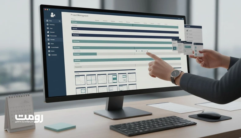 نمایی مفهومی از برنامه زمان‌بندی پروژه وب‌سایت روی مانیتور همراه با گانت‌چارت، وایرفریم و چک‌لیست برای تخمین واقع‌بینانه زمان پروژه