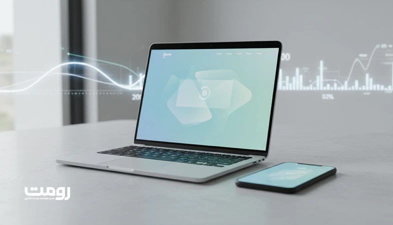 نمایش رابط کاربری وب‌سایت روی موبایل و لپ‌تاپ با المان‌های تحلیلی عملکرد، نماد سرعت سایت و تأثیر آن بر برندینگ و اعتماد