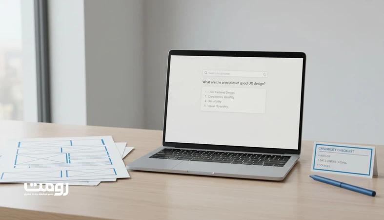 نمایی مینیمال از رابط جست‌وجو به پاسخ و نمودارهای معماری اطلاعات، برای توضیح معیارهای انتخاب منبع در Answer Engineها