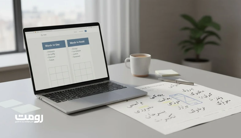 تصویر یک دیکشنری برند با دو ستون «واژه های مجاز» و «واژه های ممنوع» برای یکپارچه سازی لحن و پیام برند در وب