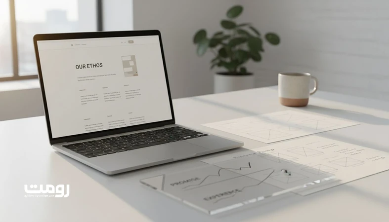 نمایی مینیمال از صفحه درباره ما و وایرفریم های سایت برای نمایش مرز باورپذیری داستان برند در دیجیتال