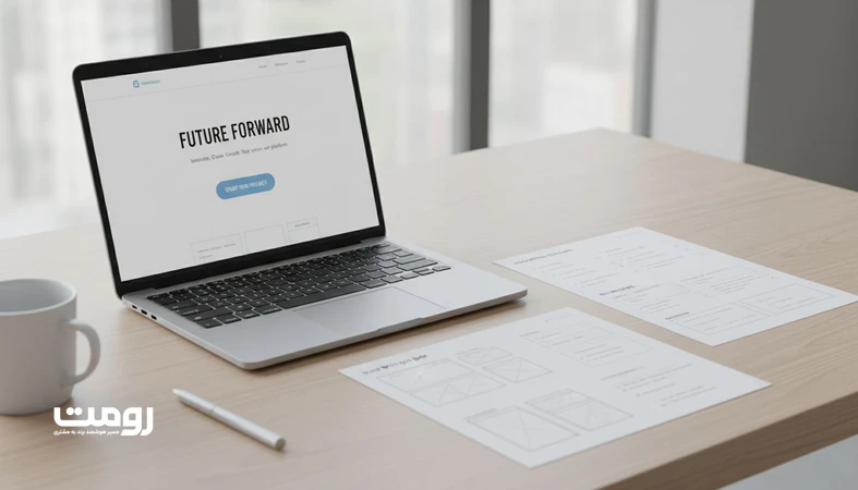 تصویر یک میز کار مینیمال با لپ تاپ و راهنمای سبک نگارش برند برای استانداردسازی تیتر، متن، CTA و پیام های کوتاه در وب سایت