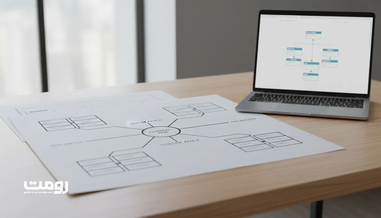 نمایی از دیاگرام معماری Content Hub با صفحه هاب مرکزی و صفحات خوشه‌ای برای ساختاردهی محتوا و بهبود مسیر کاربر و سئو