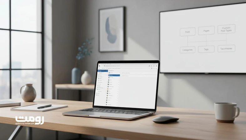 نمایی از داشبورد وردپرس و دیاگرام معماری محتوا برای پیاده سازی Custom Post Type و Taxonomy جهت ساختاردهی محتوا