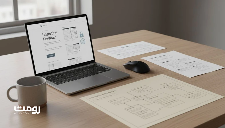 نمایی از رابط کاربری سایت در کنار وایرفریم و دیاگرام معماری اطلاعات، نماد اعتماد دیجیتال و خوانایی برای انسان و ماشین