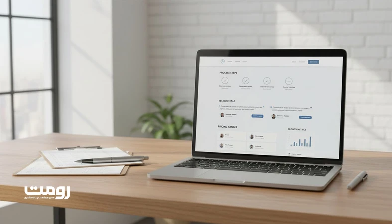 تصویر میز کار مینیمال با نمایش صفحه مطالعه موردی و شواهد برند روی لپ تاپ؛ نمادی از برندینگ مبتنی بر شواهد و پرهیز از شعار