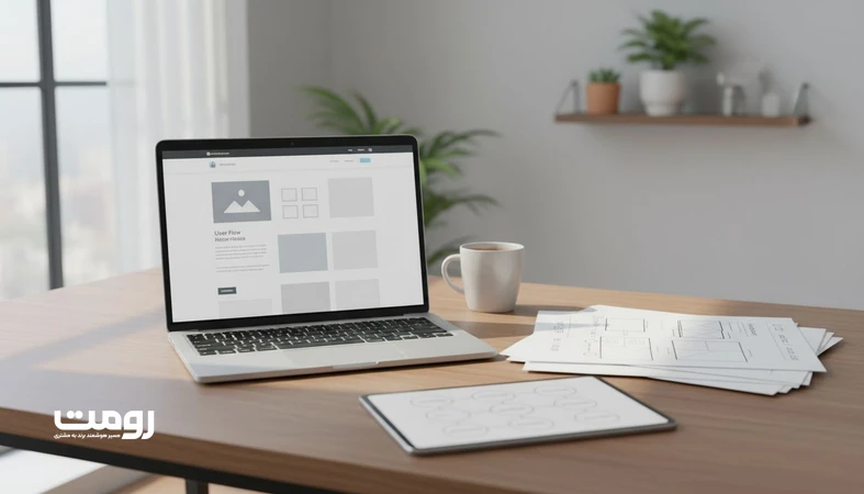 نمایی مینیمال از رابط کاربری یک صفحه وب و وایرفریم که مسیر «از جستجو تا اقدام» و پاسخ سریع به نیت کاربر در تجربه کاربری را نشان می دهد