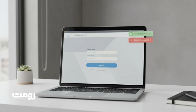 نمایی از رابط کاربری وب با پیام های وضعیت، لودینگ و اعلان موفقیت و خطا برای توضیح طراحی بازخورد در تجربه تعامل کاربر