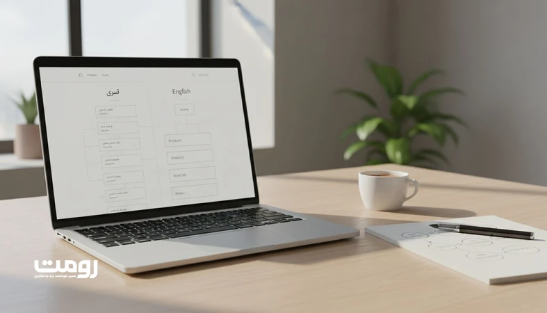تصویر معماری سایت چندزبانه با تفکیک زبان‌ها در ساختار URL و تاکسونومی، همراه با وایرفریم و دیاگرام UX و سئو