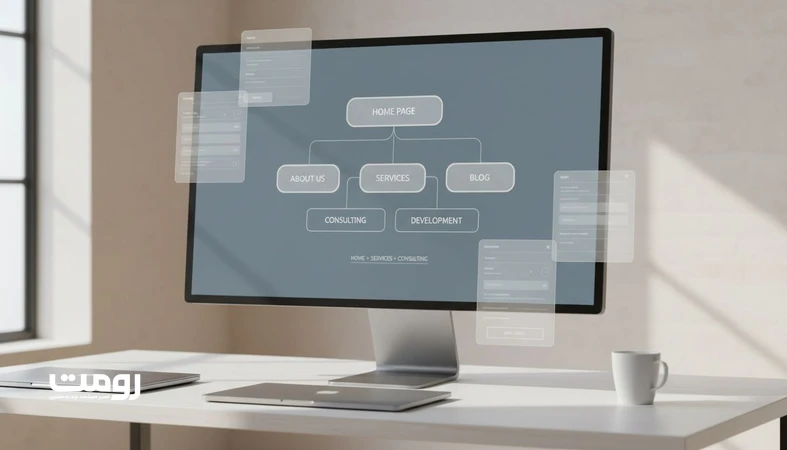 نمودار معماری اطلاعات مدل صفحه مادر–صفحه فرزند روی مانیتور با وایرفریم های مینیمال؛ مناسب بررسی اثر این ساختار بر UX و سئو
