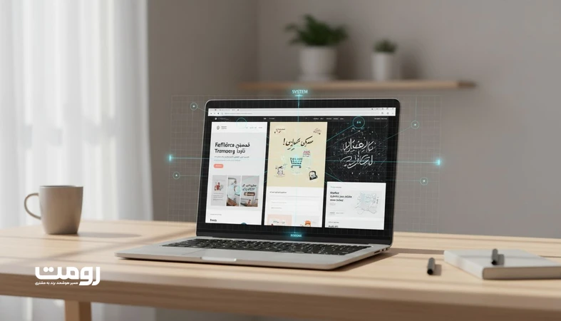 تصویر چند صفحه وب با لحن‌های متفاوت و خطوط معماری محتوا برای نمایش انسجام معنایی و تاثیر ناهم‌لحن بودن بر هویت برند